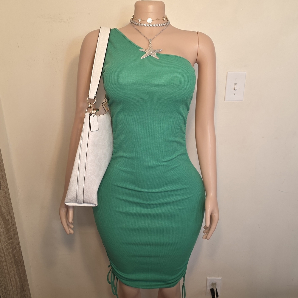 Green One Shoulder Ruched Ribbed Bodycon Dress